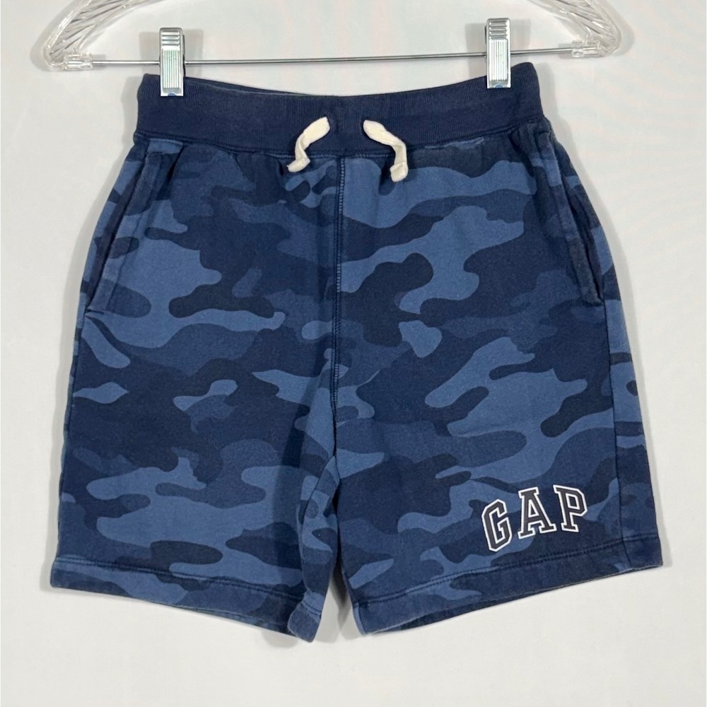 GAP Kids Blue Camo Sweat Shorts Boys 10 Lg Spellout Logo Drawstring Sporty